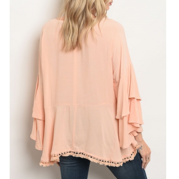 Very J Swing Ruffle Sleeve Top Fringe Trim Peach - Picture 3 of 4